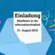 Ein Brief auf dem steht "Einladung Reinfeiern in die Informationsfreiheit 31. August" neben dem Brief sieht man Girlanden und Confetti. Im hintergrund sind aufsteigende Luftbarlons angedeutet