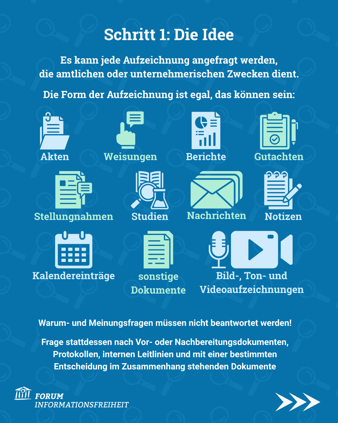 Schritt 1: Die Idee. Es kann jede Aufzeichnung angefragt werden, die amtlichen oder unternehmerischen Zwecken dient. Die Form der Aufzeichnung ist egal, das können sein: Akten, Weisungen, Berichte, Gutachten, Stellungnahmen, Studien, Nachrichten, Notizen, Kalendereinträüge, sonstige Dokumente, Bild-, Ton- und Videoaufzeichnungen. Warum- und Meinungsfragen müssen nicht beantwortet werden! Frage stattdessen nach Vor- oder Nachbereitungsdokumenten, Protokollen, internen Leitlinien und mit einer bestimmten Entscheidung im Zusammenhang stehenden Dokumente