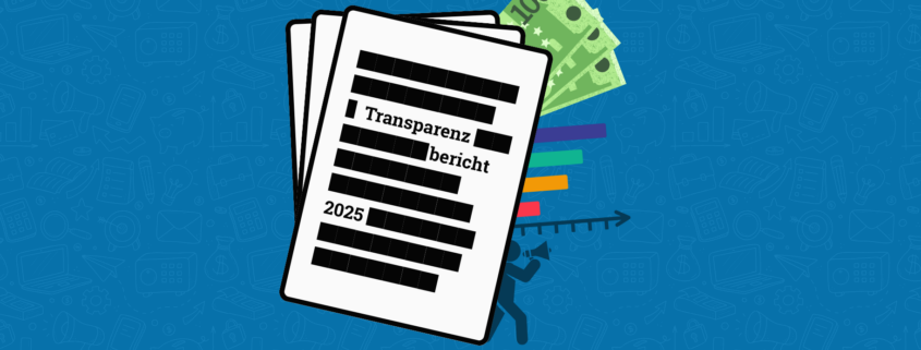 Titelbild für den Transparenzbericht 2025. Es zeigt ein geschwärztes Dokument in dem nur mehr die Worte "Transparenz", "bericht" und "2025" zu lesen sind. Im Hintergrund sind symbolisch noch Euroscheine, ein Balkendiagram und eine Person mit Megaphon angedeutet