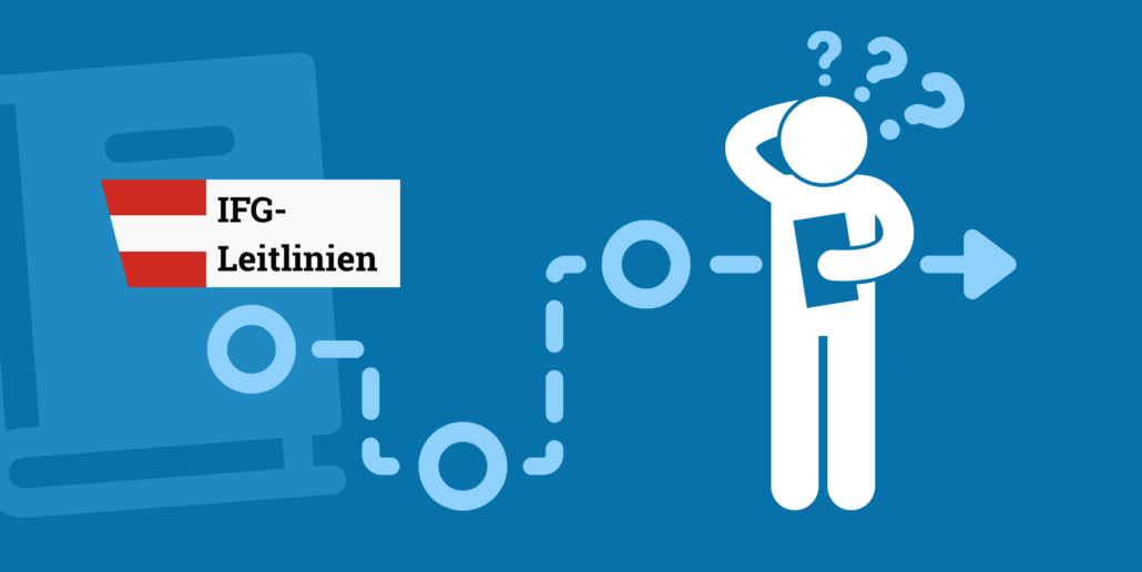 Ein Buch mit IFG-Leitlinien, davon geht ein ablaufdiagramm weg über dem eine Person steht die fragend auf einen Zettel sieht